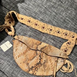 NWT Free people snake print sling bag tan macrame beads boho